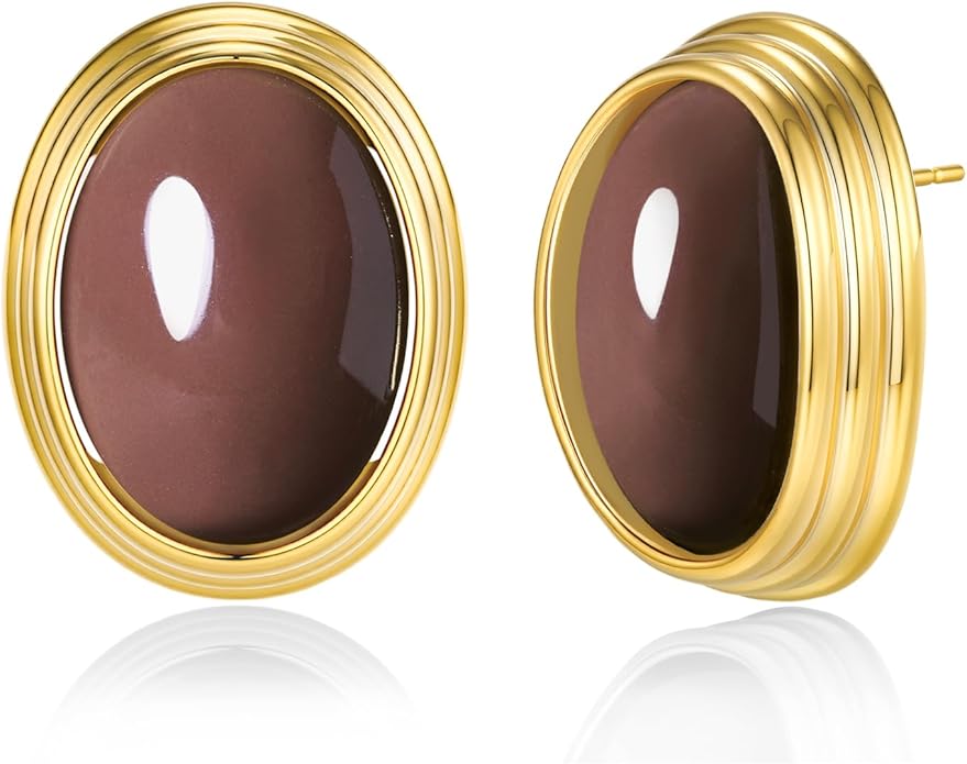 SNGIA18K Gold Plated Burgundy Maroon Red Carnelian Round Oval Ribbed Button Chunky Statement Earrings for Women by SNGIA, Bold Handmade Exaggerated Dome Retro Rounded Button Trendy Bohemian Gemstone Stud Jewelry Gifts, Unique Vintage Baroque Stone Summ...