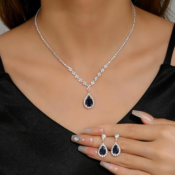 Sparkling Teardrop Halo Bridal Necklace Earrings Set For Women Statement Classic Silver Colors Adjustable Choker Style Chain