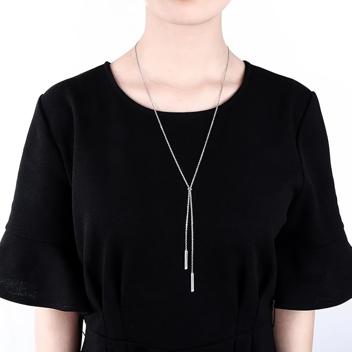 Long Necklace Sterling Silver Larait Bar Y Lariat Long Chain Drop Adjustable Necklace Gift for Her, 30"