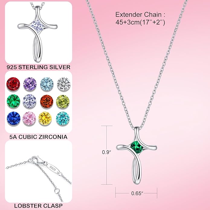 Cross Necklace for Women, 925 Sterling Silver Birthstone Necklace for Women with Diamond Sideways Cross Necklaces Birthstone Jewelry Birthday Gifts for Womens