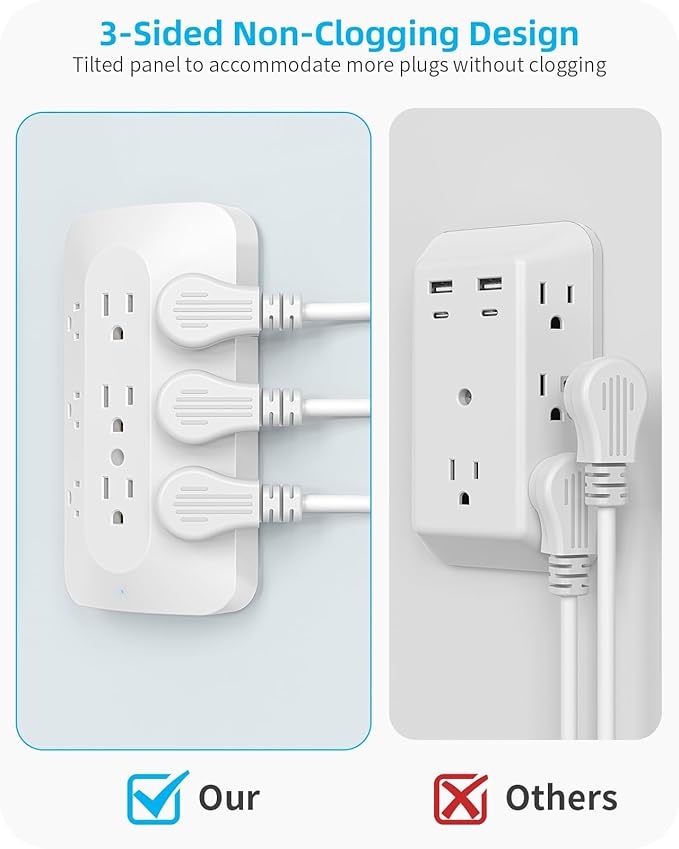 Wall Outlet Extender, 9 Outlet Splitter with 4 USB Ports (2 USB C), Multi Plug Wall Outlet Expander, 3-Sided Wall Charger Power Strip for Home, Office, Dorm, White
