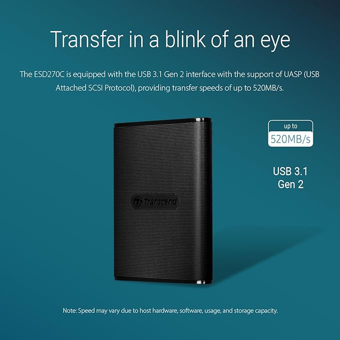 Transcend 2TB External SSD for iPhone/iPad/Mac/Windows/Android, PC/Laptop/Tablet/TV/Game Console, Portable Solid State Drive with One Touch Back up, One-Time Password Unlock, Type-A&Type-C Cables