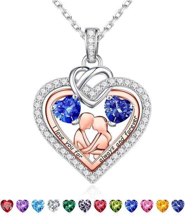 Iefil Valentines Day Gifts for Her - 925 Sterling Silver Double Heart Birthstone Necklace for Women, Anniversary Birthday Gifts for Wife I Love You Gift Couple Sitting Hugging Each Other Jewelry Gift