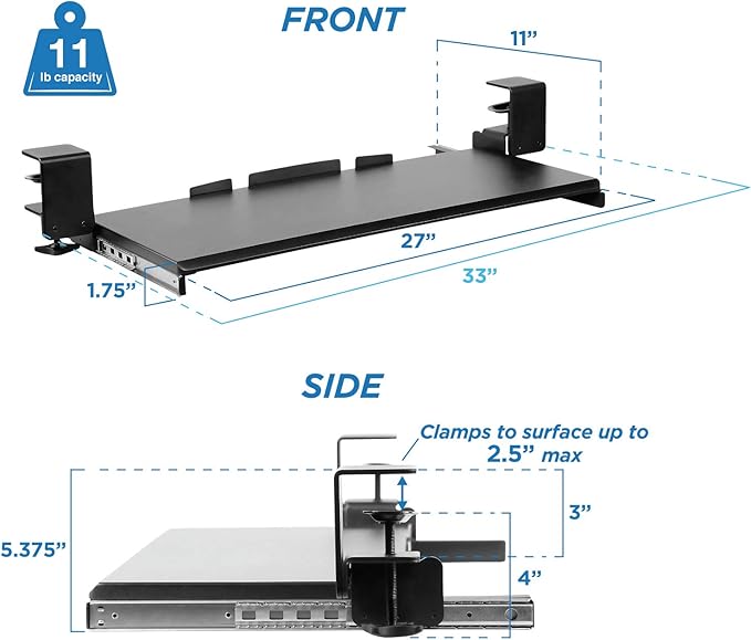 Mount-It! Clamp Keyboard Tray - Ergonomic Under Desk Pull Out Keyboard and Mouse Platform with No-Drill Easy Installation - Slides Under Desk Increase Space - 27 Inch Wide
