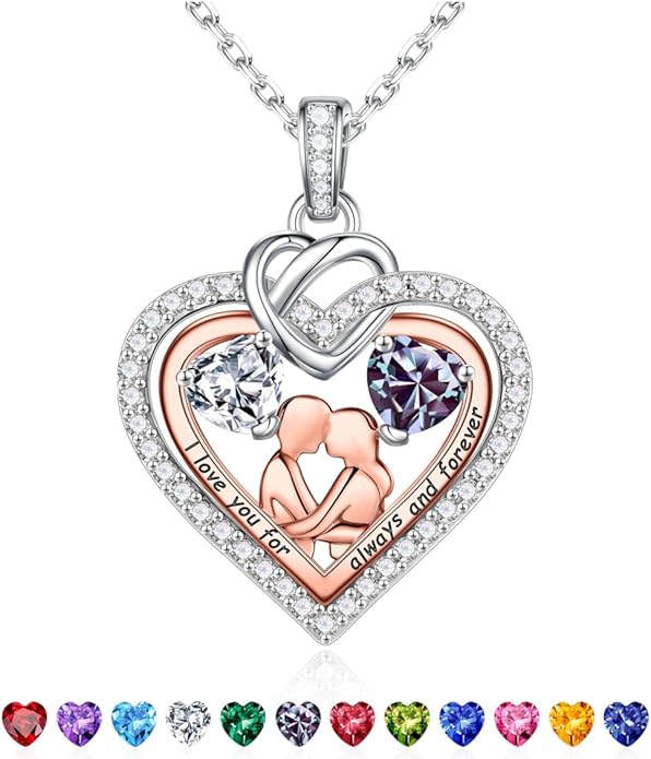Iefil Valentines Day Gifts for Her - 925 Sterling Silver Double Heart Birthstone Necklace for Women, Anniversary Birthday Gifts for Wife I Love You Gift Couple Sitting Hugging Each Other Jewelry Gift