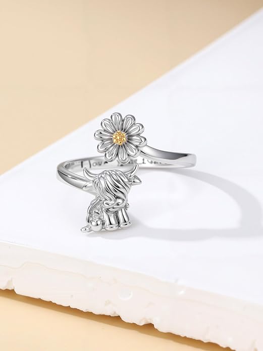 Animal Open Ring 925 Sterling Silver Koala/Panda/Highland Cow/Elephant Adjustable Ring Cute Animal Daisy Jewelry Gifts for Women