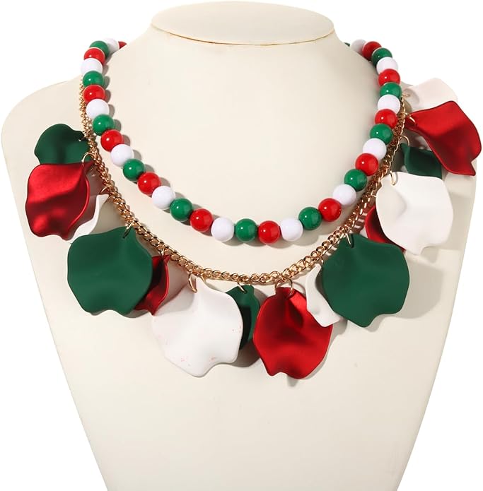 Flower Petal Necklace Earrings Set Layered Statement Beaded Jewelry Set for Women Summer Necklace Earrings