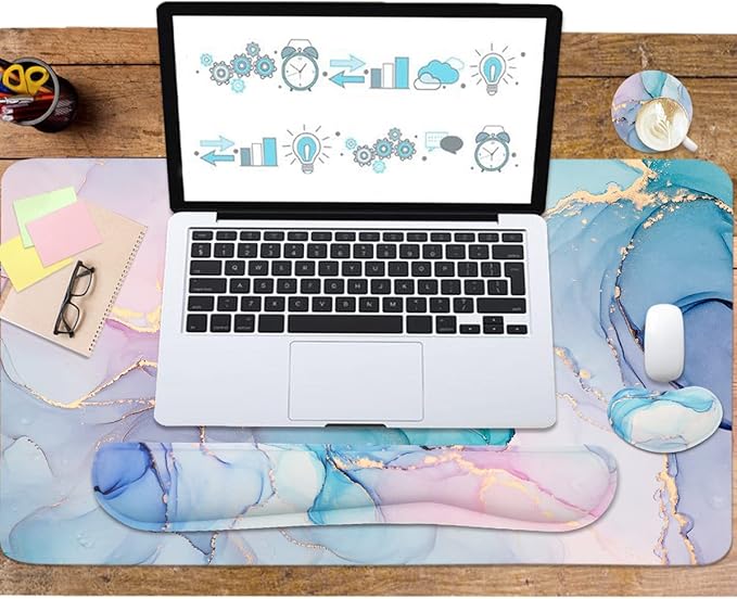 Ergonomic Large Mouse Pad and Keyboard Wrist Rest, Desk Pad for Keyboard and Mouse, 4-in-1 Large Gaming Mouse Pad with Wrist Support - Blue Marble