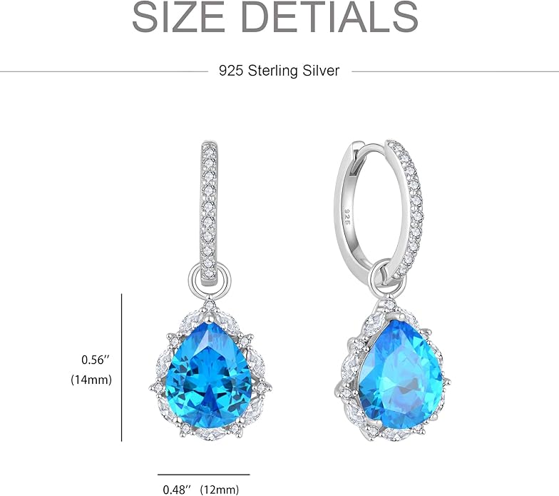 Women 925 Sterling Silver Birthstone Teardrop Huggie 14mm Hoop Drop Dangle Earrings 5A Cubic Zirconia Jewelry
