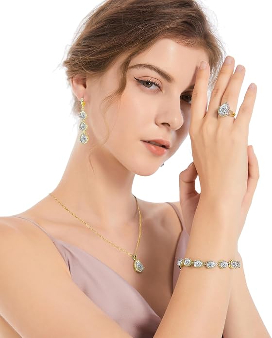 LMXXVJ Necklace Long Earrings Bracelet Set, White Gold Plated Created Blue Sapphire Jewelry Set Wedding Party Gift Jewelry for Women Bridal Bridesmaid