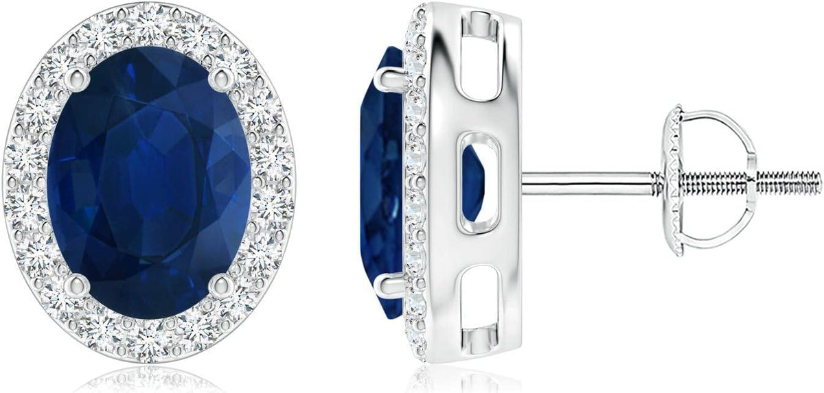 ANGARA Natural Blue Sapphire Earrings for Women | Prong-Set Oval Blue Sapphire Stud Earrings with Diamond Halo in 14K Solid Gold/Platinum | September Birthday, Anniversary, Gemstone Jewellery Gift