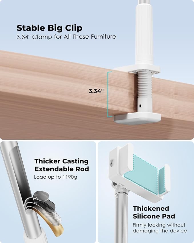 Viozon Tablet Holder Stand, Phone/Kindle Holder with Flexible Aluminum Alloy Long Arm, C Clamp for Headboard Bedside&Table, Compatible with 3.5-11" iPad,Kindle, iPhone 15 14 Plus/Pro Max,W