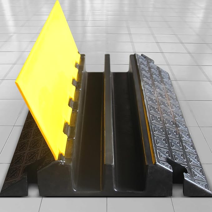 2 Large Channels Rubber Floor Cable Protector Ramp, Heavy-Duty Floor Cable Wire Cord Cover Speed Bumps, Driveway Hose Cable Ramp Protective Cover (2 Large Channels)