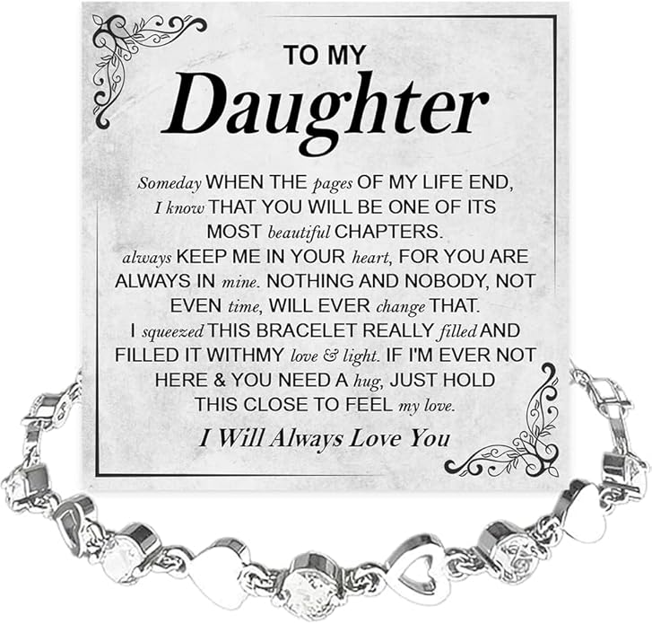 To My Daughter Bracelet, Silver Heart Chain Bracelet with Shiny Stones, Perfect Birthday or Graduation Christmas Gift for Daughter with Message Card Gift Box