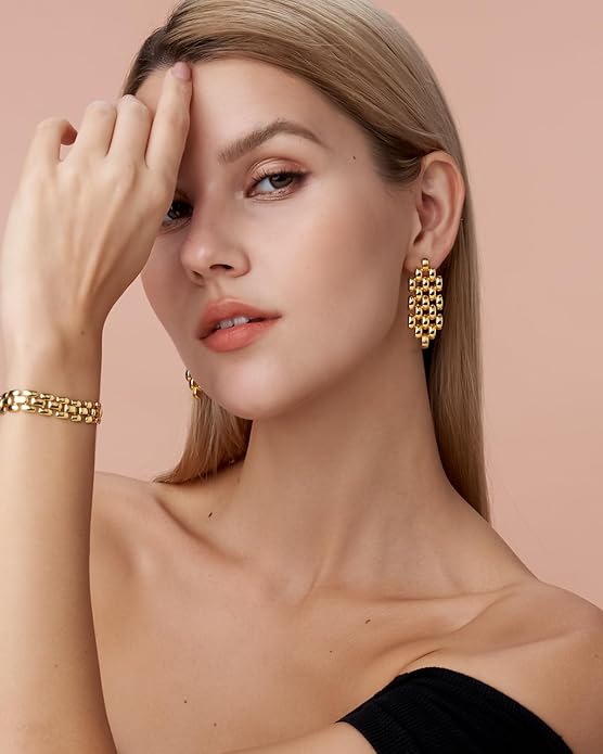 18K Gold Plated Chunky Statement Earrings for Women by SNGIA, Bold Drop Dangle Chain Link Rope Ribbed Barcelet Patterned Interlcok Rib Shape Drop Earrings, Handmade Exaggerated Irregular Vintage Boho Accessories, Unique Bohemian Trendy Fashion Thick Ov...