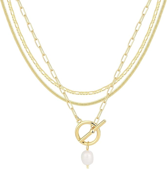 Evabelle Gold Layered Necklace for Women Trendy Jewelry 14K Real Gold Plated Chunky Chain Stackable Necklaces Dainty Choker Necklaces Rectangle Square Pendant