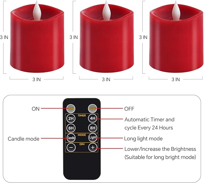 3x3 Flickering Flameless Candles Set of 3, LED Battery Candles,with Timer, 3 inch Flameless Candles with Remote, for Holiday Home Decor,Red
