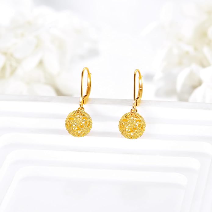DOVRAN 10K 14K Solid Gold Leverback Earrings for Women Real Yellow Gold Filigree Dangle Earrings Trendy Jewelry Birthday Christmas Gifts for Wife Mom
