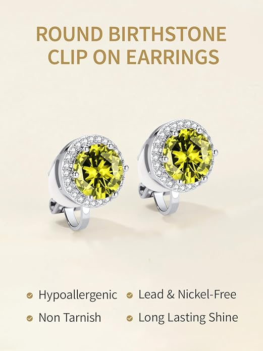 FindChic Sparkling Birthstone Clip On Earrings for Women, Silver Plated Stud Earrings 8MM Cubic Zirconia Non Pierced Studs, 12 Months Birthday Jewelry Gift