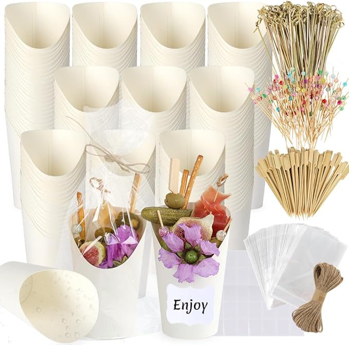 100pcs 12oz White Charcuterie Cups, 300 Skewers + 100 Bags + 100 Labels, Paper Charcuterie Cups with Sticks and Bags, Disposable Dessert Cup Appetizers Cup, Durable French Fry Holder for Snack