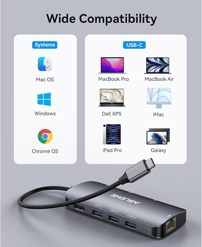ABLEWE USB C Hub Ethernet, 8 in 1 Multiport USB C to HDMI Adapter 4K@60Hz,1000Mbps, 100W PD, SD/TF Card Reader, 3 USB 3.0 Ports, Docking Station Compatible for MacBook, Tablet, Phone, Type C Devices