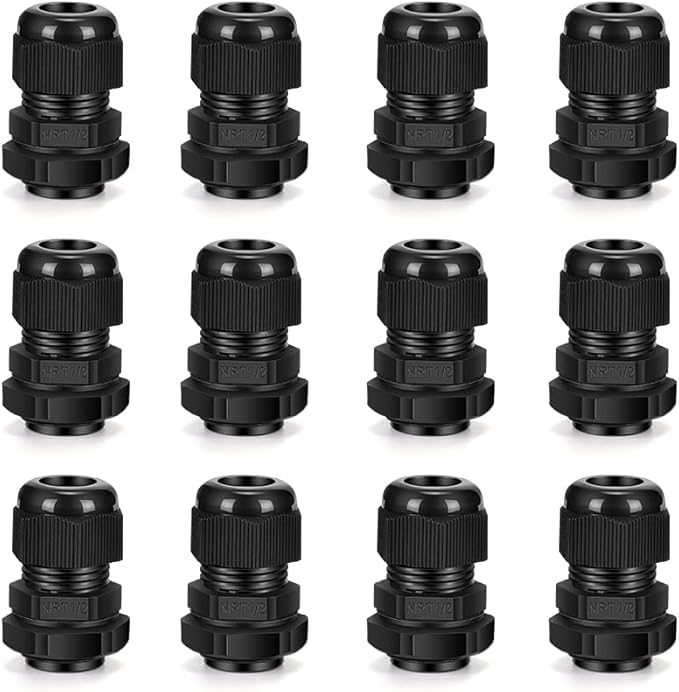 Cable Gland 12 Pack 1/2" NPT Waterproof Adjustable Connector Strain Relief Cord Connectors Joints Nylon with Gaskets…