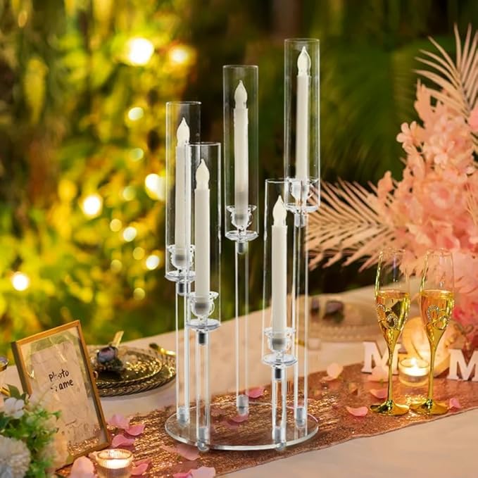 20PCS Acrylic Candlestick Holder for Table Centerpiece, 5 Arm Clear Candelabra Wedding Centerpiece with Removable Lampshade for Brithday Party Easter Living Room Fireplace Decor fit 0.8 led Candle