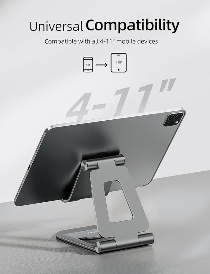 Nulaxy Aluminum Dual Foldable iPad Stand, Fully Adjustable Desktop Tablet Holder, Tablet Accessories for Office Kindle Compatible with Mobile Devices iPad Pro/Air/Mini, iPhone Pro/Max/Plus, Gray