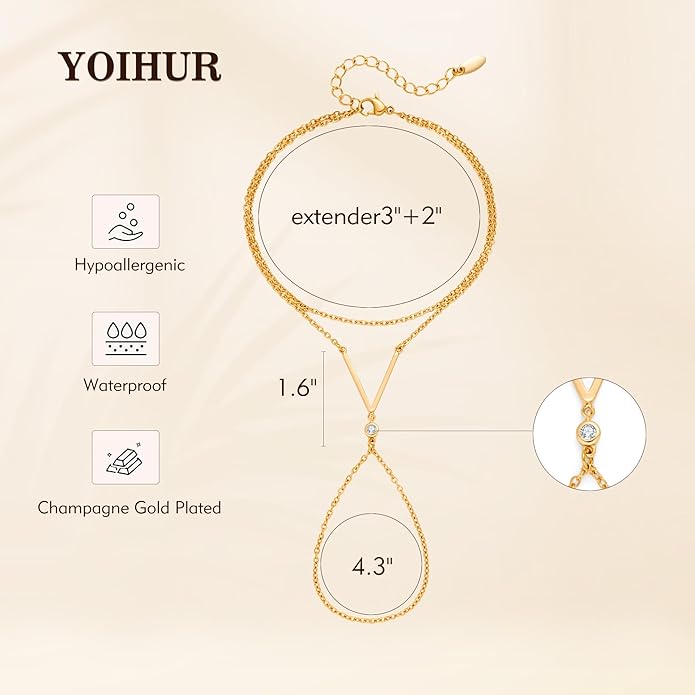 YOIHUR Champagne Gold Plated Hand Chains for Women, Adjustable Hand Chain Bracelet and Ring, Gold Hand Chain Bracelets Stack Jewellery Stars and Cubic Zirconia Hand Jewelry for Valentine's Day