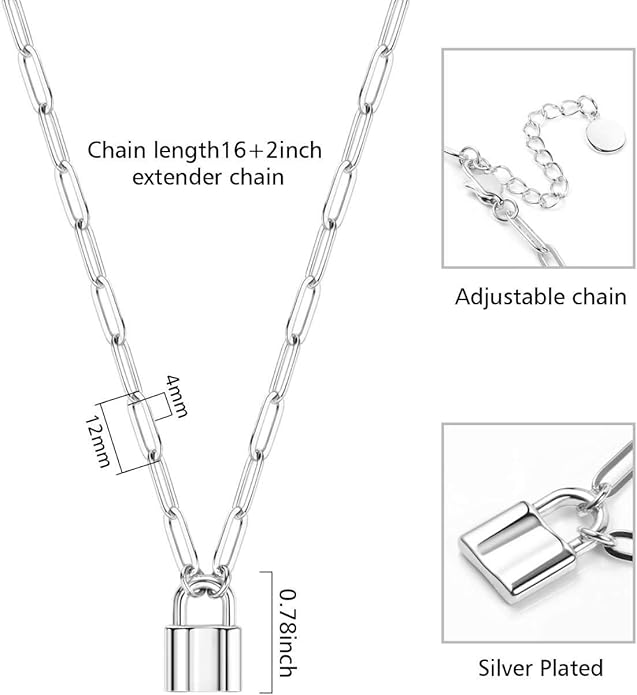 BOUTIQUELOVIN 14K Gold Plated Lock Necklace for Women Paperclip Link Chain Padlock Necklace Non-Tarnish