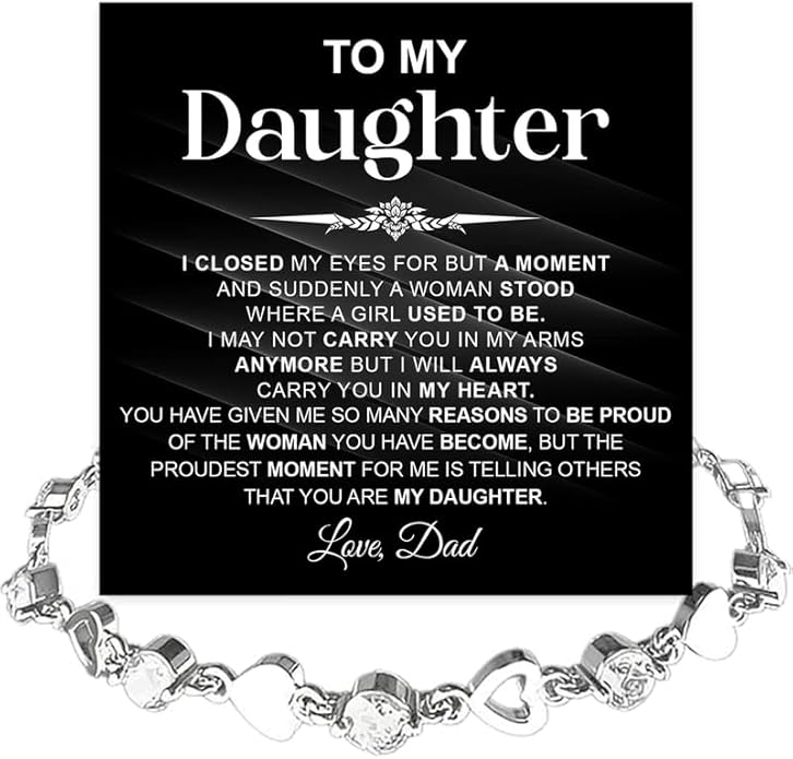 To My Daughter Bracelet, Silver Heart Chain Bracelet with Shiny Stones, Perfect Birthday or Graduation Christmas Gift for Daughter with Message Card Gift Box