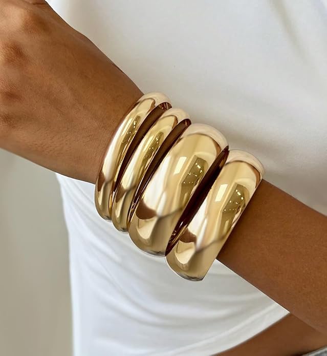 Chunky Gold Bangle Bracelets for Women, Dainty 14k Gold Plated Big Stackable Bangles Set, Trendy Statement Cuff Bracelet Stack Fashion Jewelry Christmas Gifts