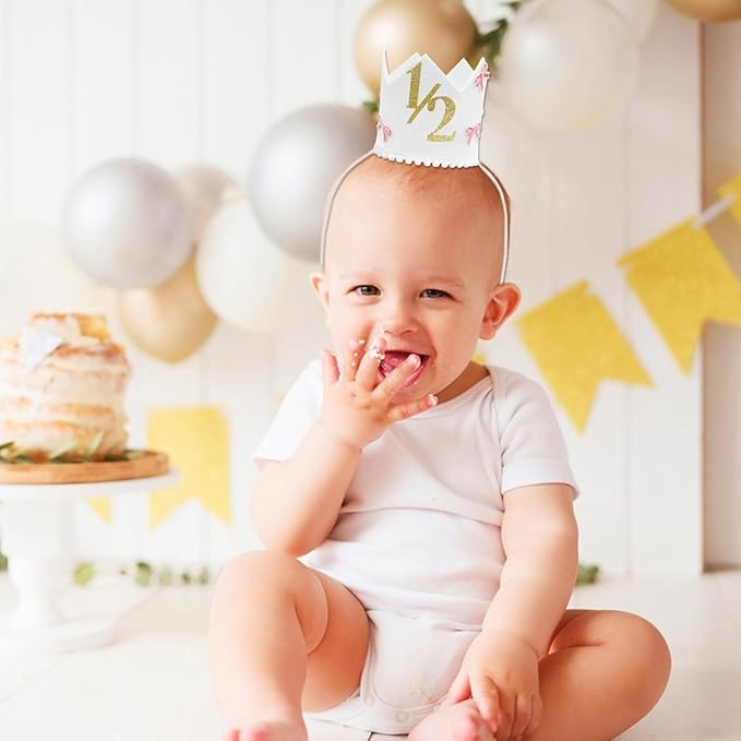 Half Birthday Crown Hat,White Birthday Crown for Baby 6-12 Months, Pink Bow Soft Photo Props for Half Year Celebration, Party Decorations