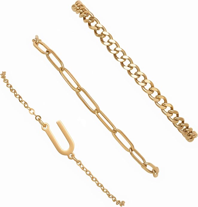 14K Gold Plated Bracelets for Women, A–Z Initial Charm Bangles Jewelry Set, Elegant Gold Accessories, Friendship Bracelet Gifts for Mom