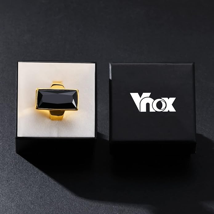VNOX Vintage Fashion Stainless Steel Gold Plated Rectangular Black Glass Crystal Cocktail Statement Onyx Ring for Women