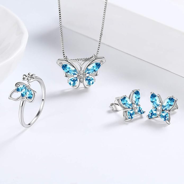 Aurora Tears Butterfly Jewelry,Women 925 Sterling Silver Butterflies Birthstone Pendant Necklace/Earrings/Rings Wedding Gift