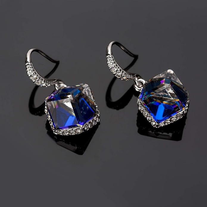 Austrian Crystal Cube Drop Dangle Earrings for Women 14K Gold Plated Hypoallergenic Jewelry