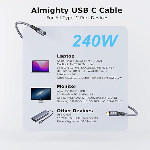 20Gbps USB C 3.2 Extension Cable, USBC 3.2 Gen2 Type-c Male to Female Extender Cable Ultra HD 4K@60Hz 240W Charging 20Gbps Data Transfer Compatible with External SSD eGPU