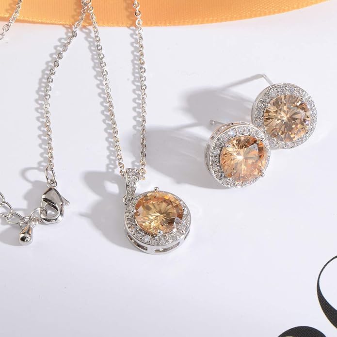 Bridal Crystal Jewelry Set - Sterling Silver Round Cubic Zirconia CZ Rhinestone Halo Birthstone Pendant Necklace Stud Earrings Set for Wedding Bride Bridesmaids Birthday Gift