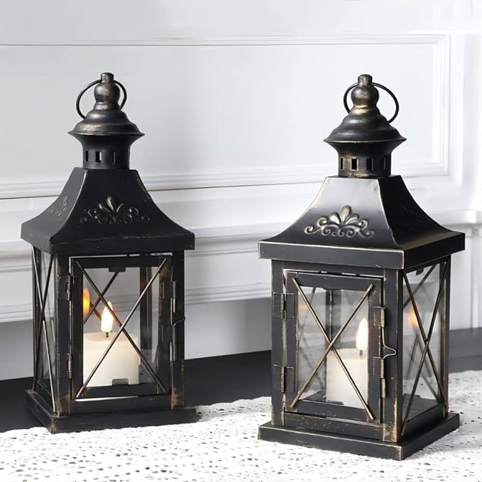 TRIROCKS Set of 2 Decorative Candle Lantern 11'' High Metal Candle Holder Hanging Lantern Perfect for Home Decor Halloween Living Room Parties Events Tabletop Indoors Outdoors (Black with Gold Brush)