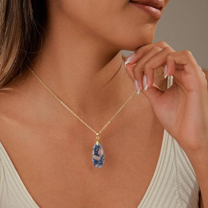 Natural Healing Stone Chain Necklaces for Women Teardrop Gemstone Pendant Statement Gold Necklace