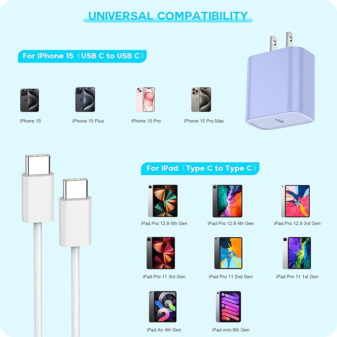 Apple iPhone 16 15 Charger Fast Charging [Apple MFi Certified]3Pack 20W USB Type C Charging Block with Long 6 FT Fast Charging Cable for iPhone 16/16 Pro/Pro Max,iPhone 15/15 Pro Max/Plus/iPad(Purple)