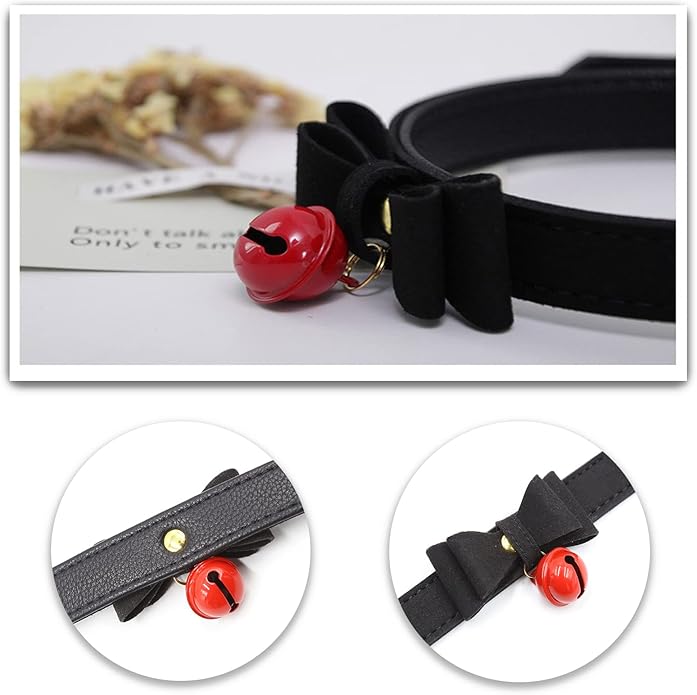 Leather Collar Necklace for Women with Bow Bell Kitty Cat and Delicate Tea flower pearl pendant Choker for Ladies Black Pink Red