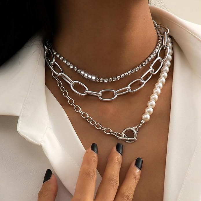 Women Multilayer Silver Gold Dainty Pearls Layered Choker Necklaces Handmade Beads Fashion Chunky Pendant Multilayer Adjustable Layering Chain Gold Plated Necklaces Set for Women