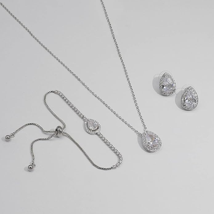 UDYLGOON Imitation Cubic Zironia Diamond Teardrop Earrings Necklace Bracelet Jewelry Set For Bride Bridesmaids Bridal Wedding Party Prom Jewelry Gift