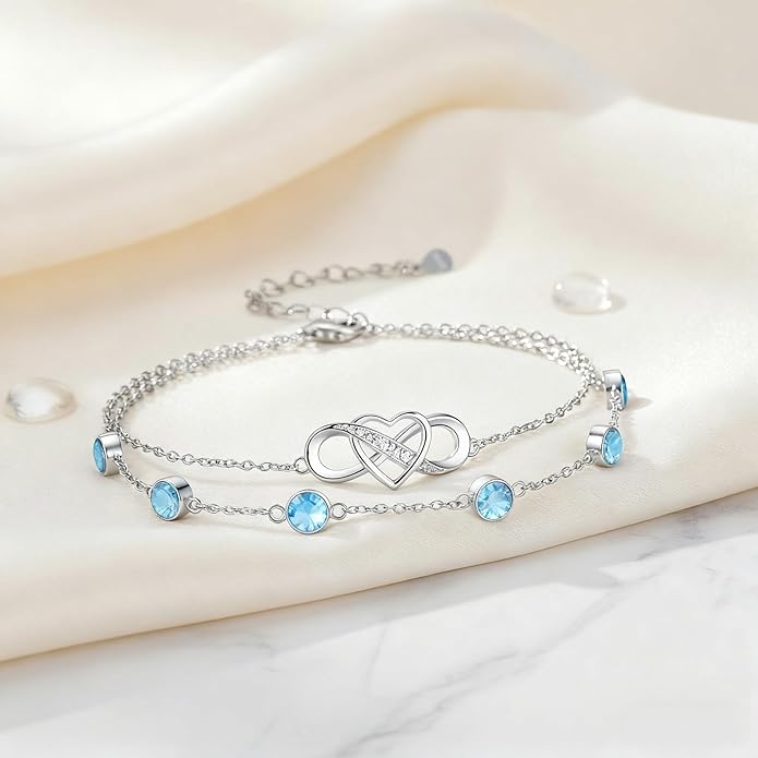 Prismata Infinity Birthstone Charm Link Bracelet 925 Sterling Silver Adjustable 12 Months Birthstone Infinity Bracelet Birthday Jewelry Gifts for Women Mom Her,with 7"+2" chain