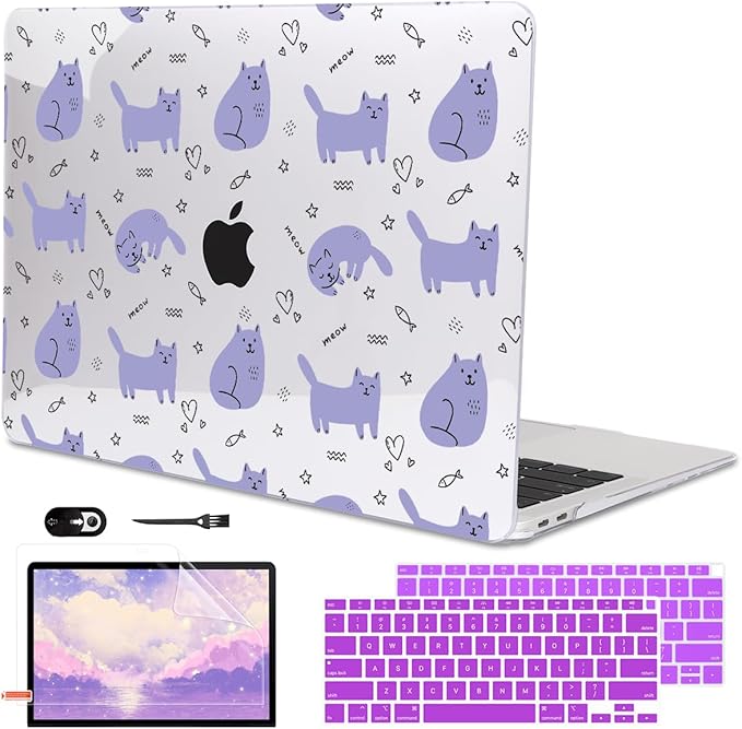 Compatible with 2021 2020 2019 2018 MacBook Air 13 inch Case M1 A2337 A2179 A1932 Touch ID, Crystal Clear Pattern Plastic Hard Shell Case for MacBook Air 13 inch M1 2021, Cute Cat & Fish