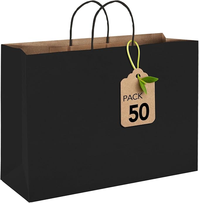 MESHA Large Gift Bags 16x6x12 Inch 50pcs, Black Paper Bags With Handles Bulk,Kraft Shopping Bags Reusable for Small Business,Merchandise,Retail,Grocery,Birthday,Kids Party,Favors