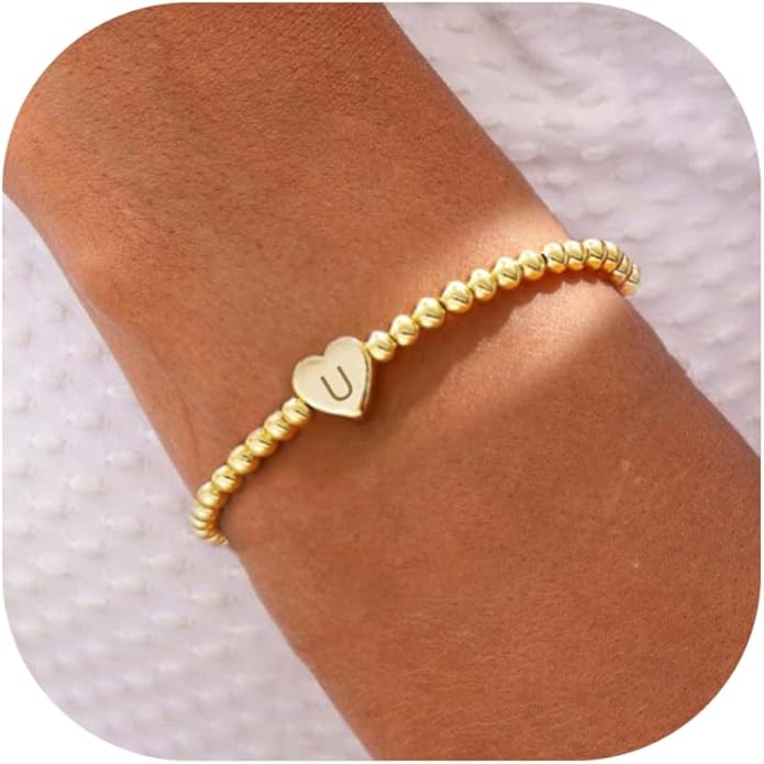 Valentines Day Gifts for Women Her - Dainty Beaded Heart Initial Bracelets Letter A-Z Charm Stretch Bead Ball Bracelet Trendy Jewelry Gifts