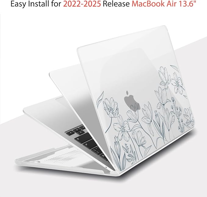 Teryeefi for 2025 2024 2023 2022 MacBook Air 13.6 inch Case M2 M3 M4 Model A3240/A3113/A2681, Glossy Plastic Hard Shell Cover with Screen Protector & Keyboard Cover & USB 3.0 Adapter, Wild Flowers